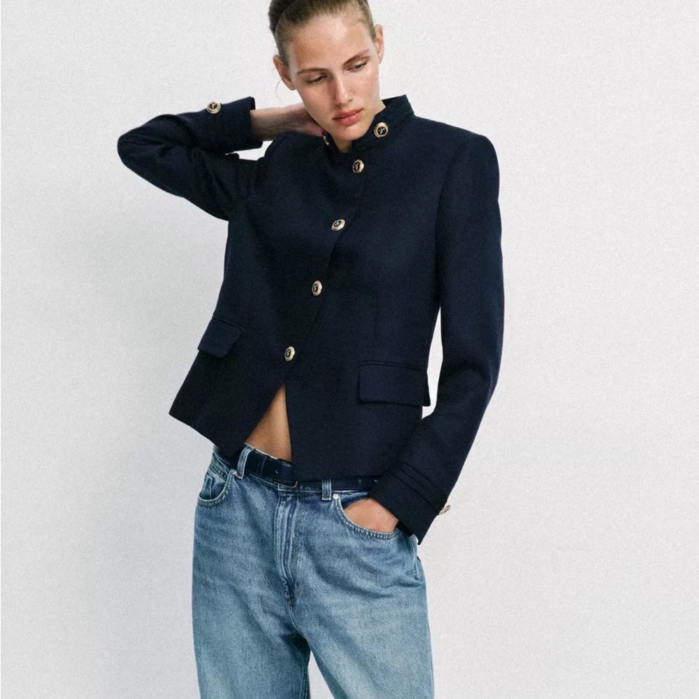 M - Zara Gold Button Fitted Blazer Navy Jacket
